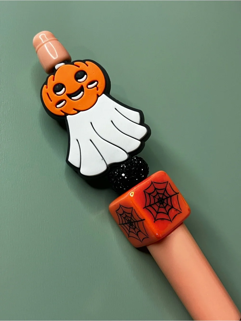 Halloween Pumpkin Ghost with Spiderweb Cube Handmade Beaded Pen
